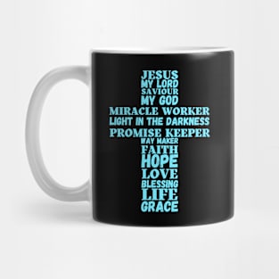 Words about Jesus forming the shape of a cross - turquoise Mug